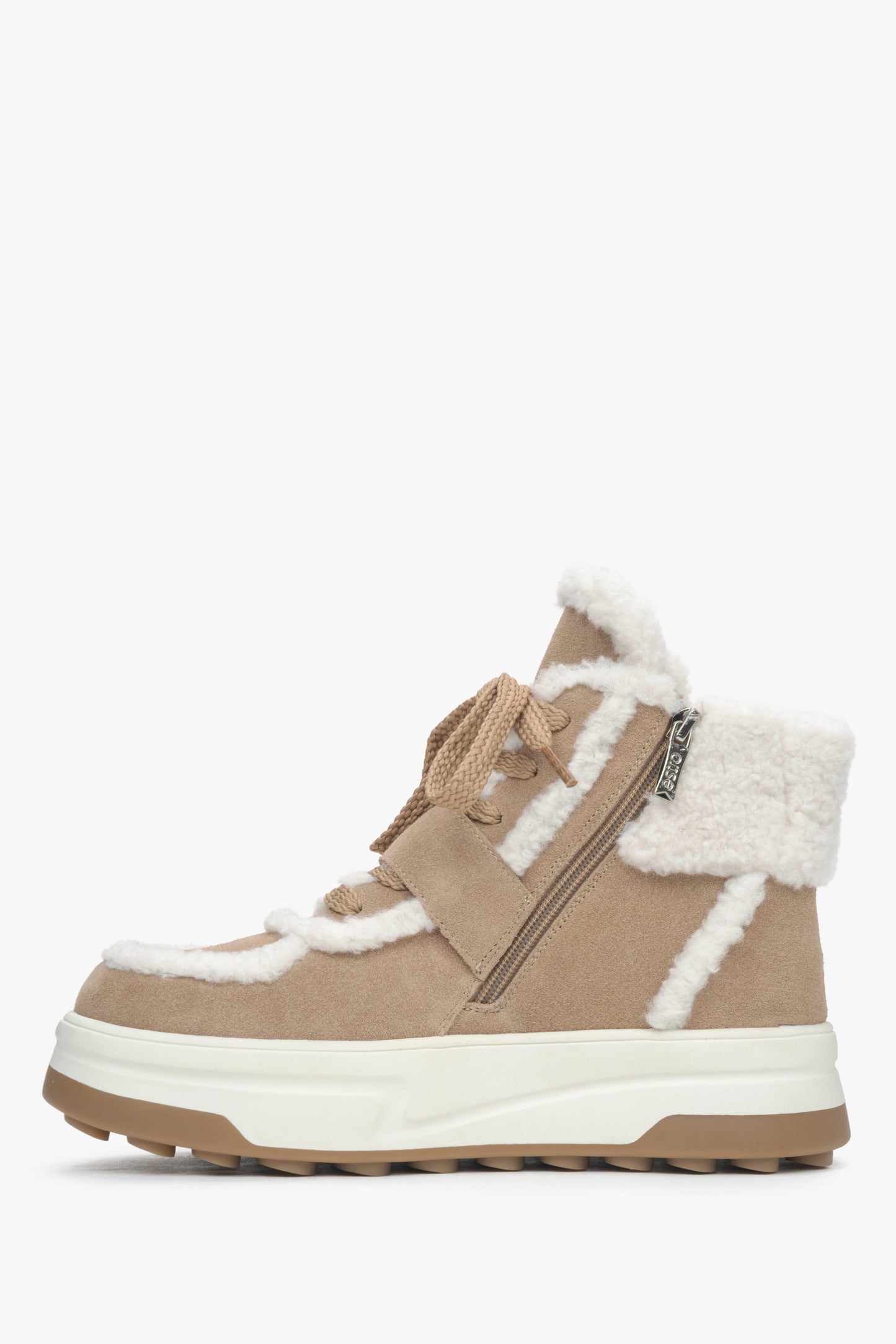 Women's Winter Beige Ankle Boots in Velour with Warm Wool Lining by Estro - shoe's heel line.