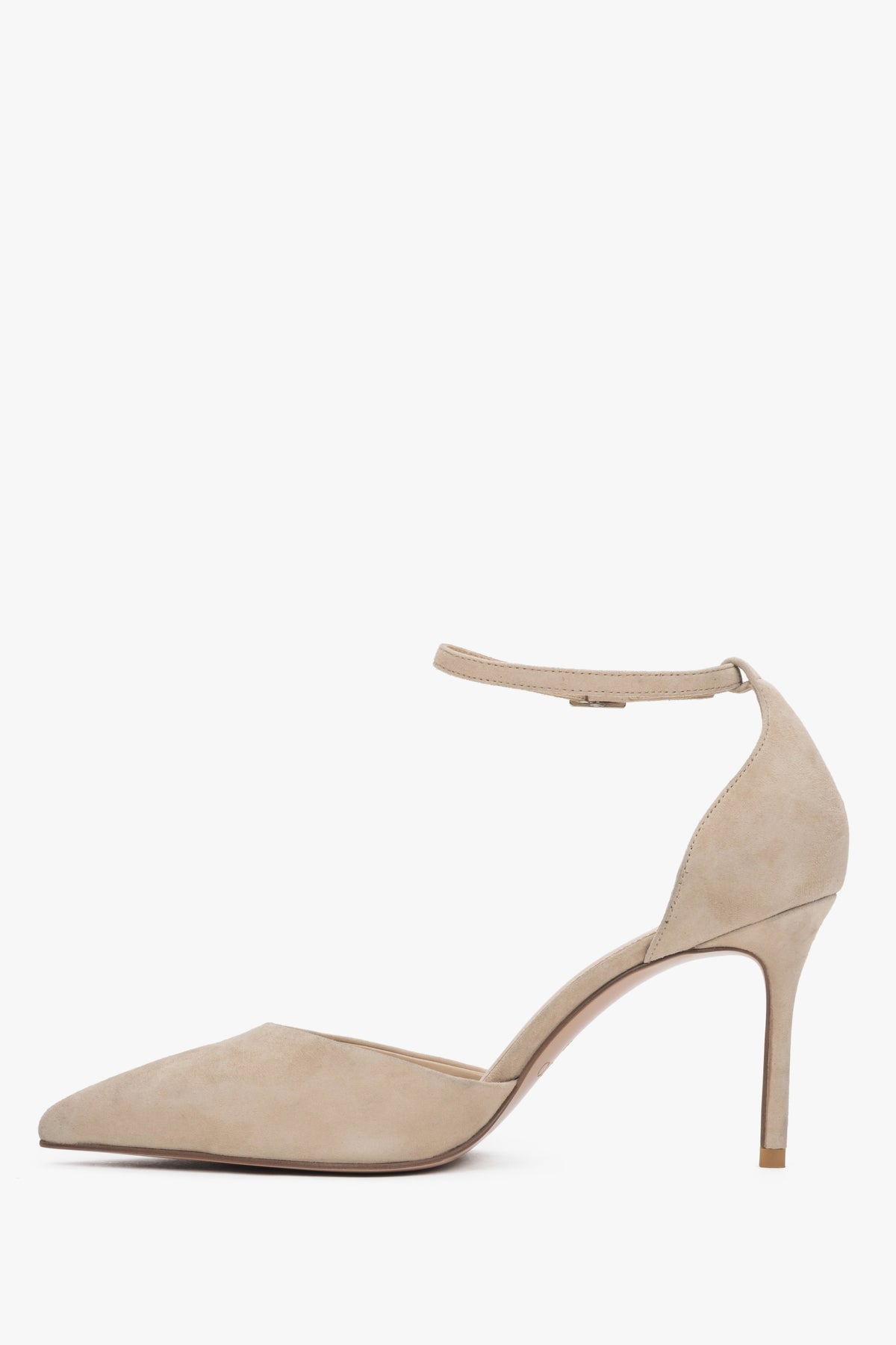 Beige Damen-High-Heels aus Velours mit spitzer Form und schmalem Stilettoabsatz.