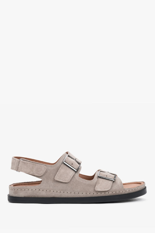Rechte Seitenansicht der beigen Comfort-Sandalen aus Veloursleder
