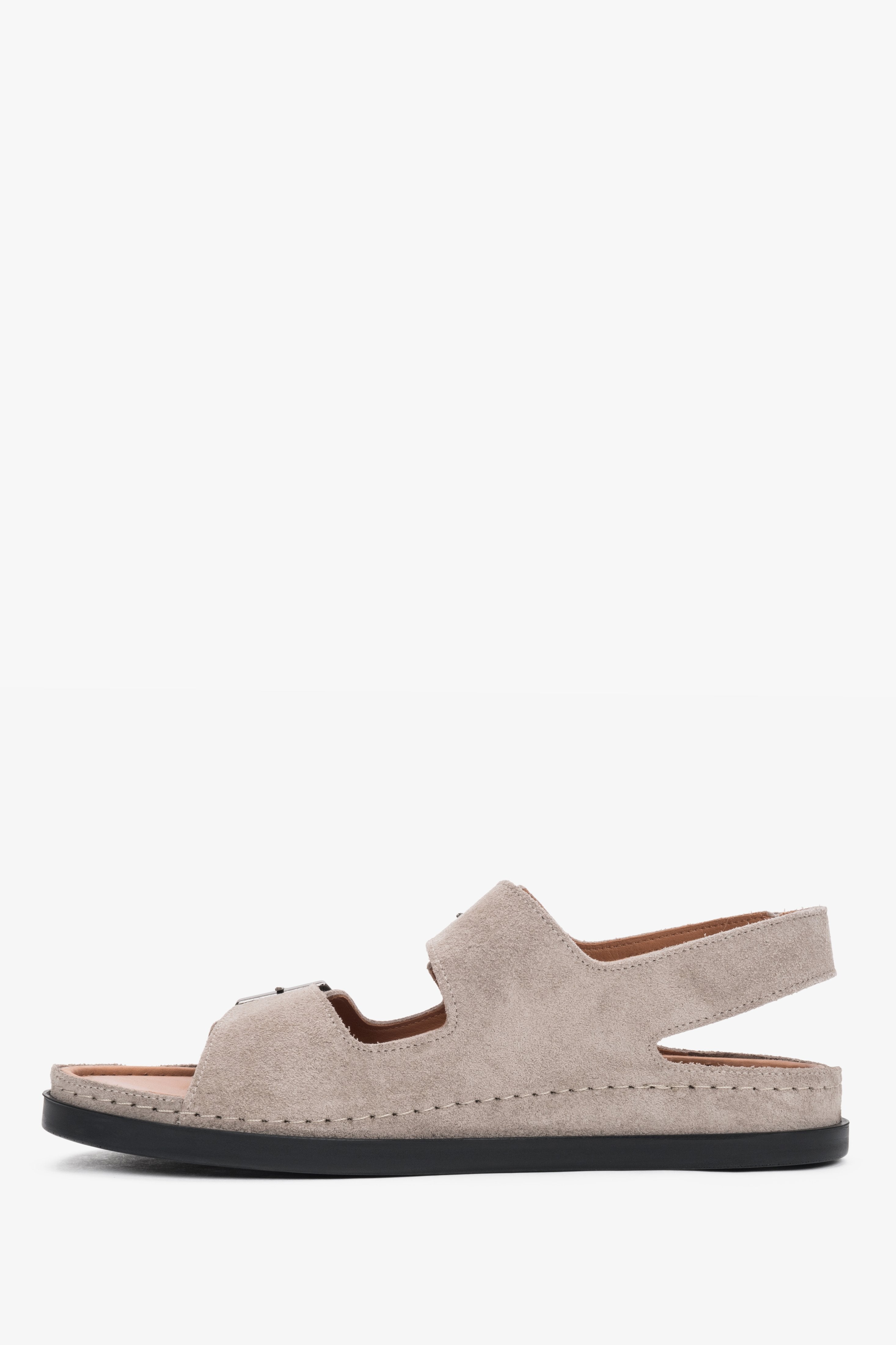 Linke Ansicht der beigen Comfort-Sandalen aus Natur-Veloursleder