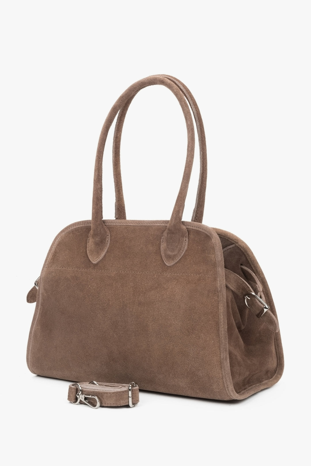 Stilvolle Damen-Handtasche von Estro in Satchel-Form aus italienischem Premium-Naturvelours in einem eleganten Beigeton.