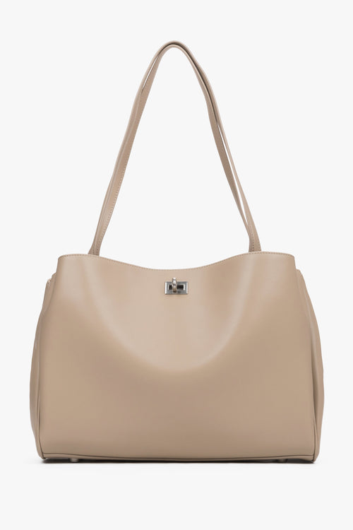 Beige Damen-Schultertasche aus echtem Leder von Estro in Frontalansicht