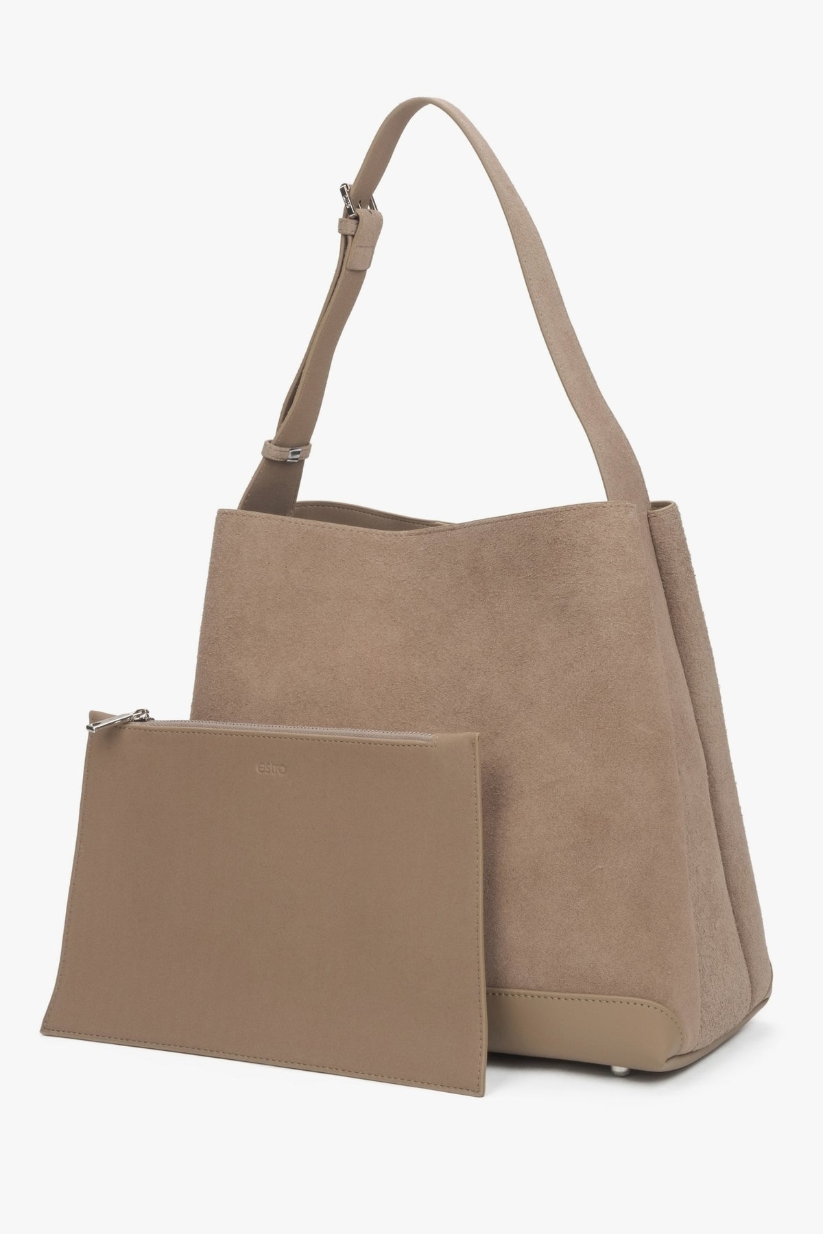 Estro Damenhandtasche in Beige, aus weichem echtem Veloursleder, für das Tragen über der Schulter konzipiert.