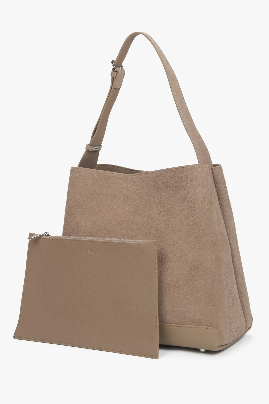 Estro Damenhandtasche in Beige, aus weichem echtem Veloursleder, für das Tragen über der Schulter konzipiert.