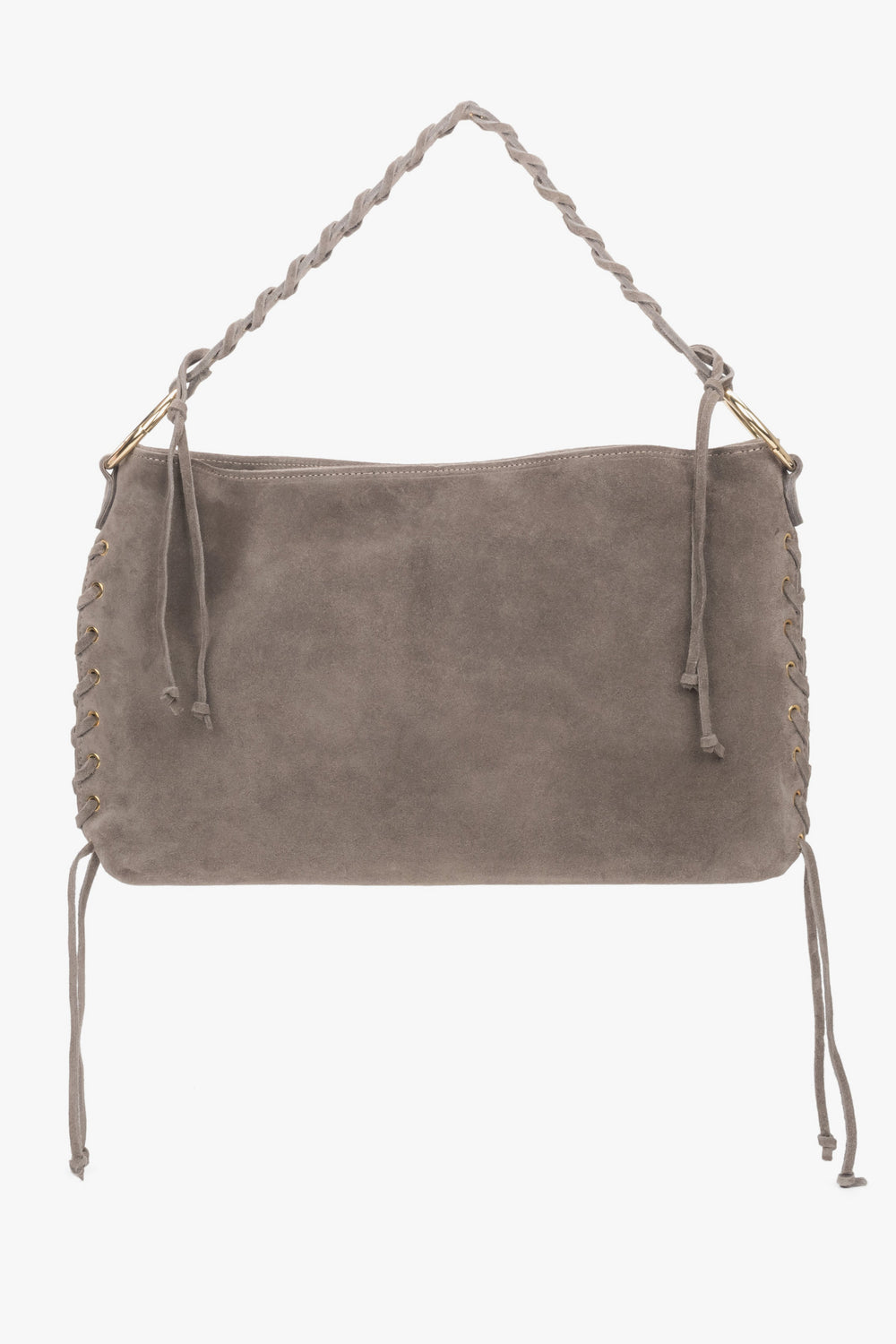 Frontale Ansicht der beigen Velours-Schultertasche mit geflochtenem Griff und dekorativen Kordeln im Boho-Stil 