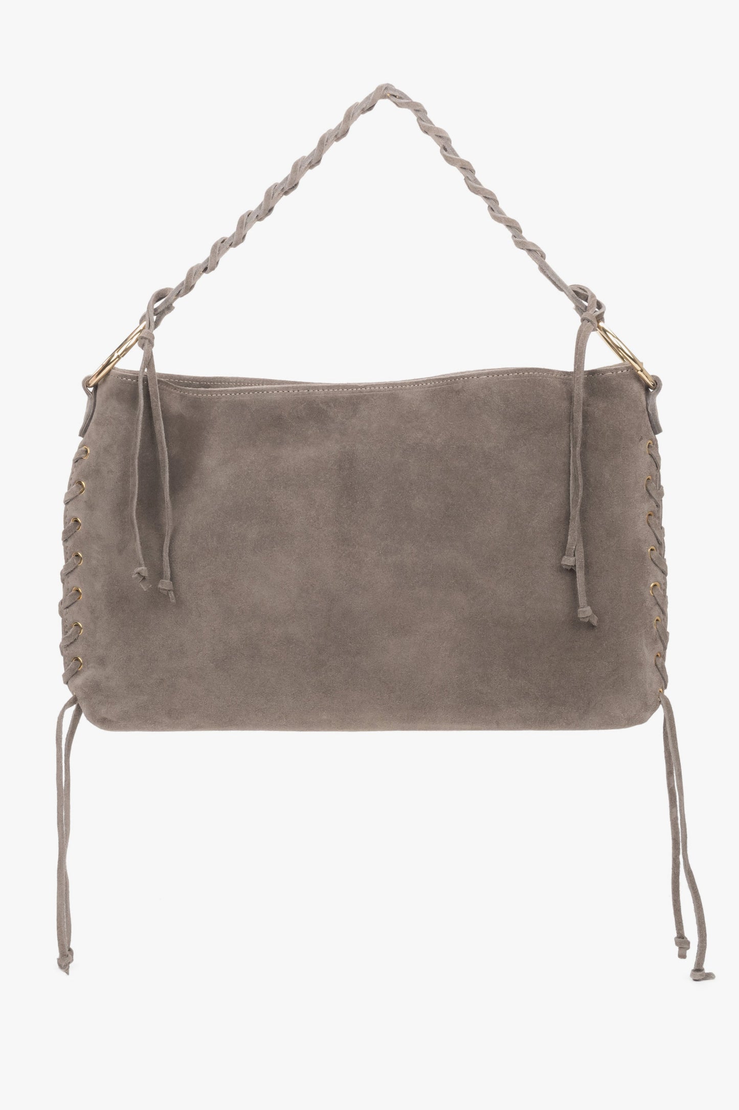 Frontale Ansicht der beigen Velours-Schultertasche mit geflochtenem Griff und dekorativen Kordeln im Boho-Stil 