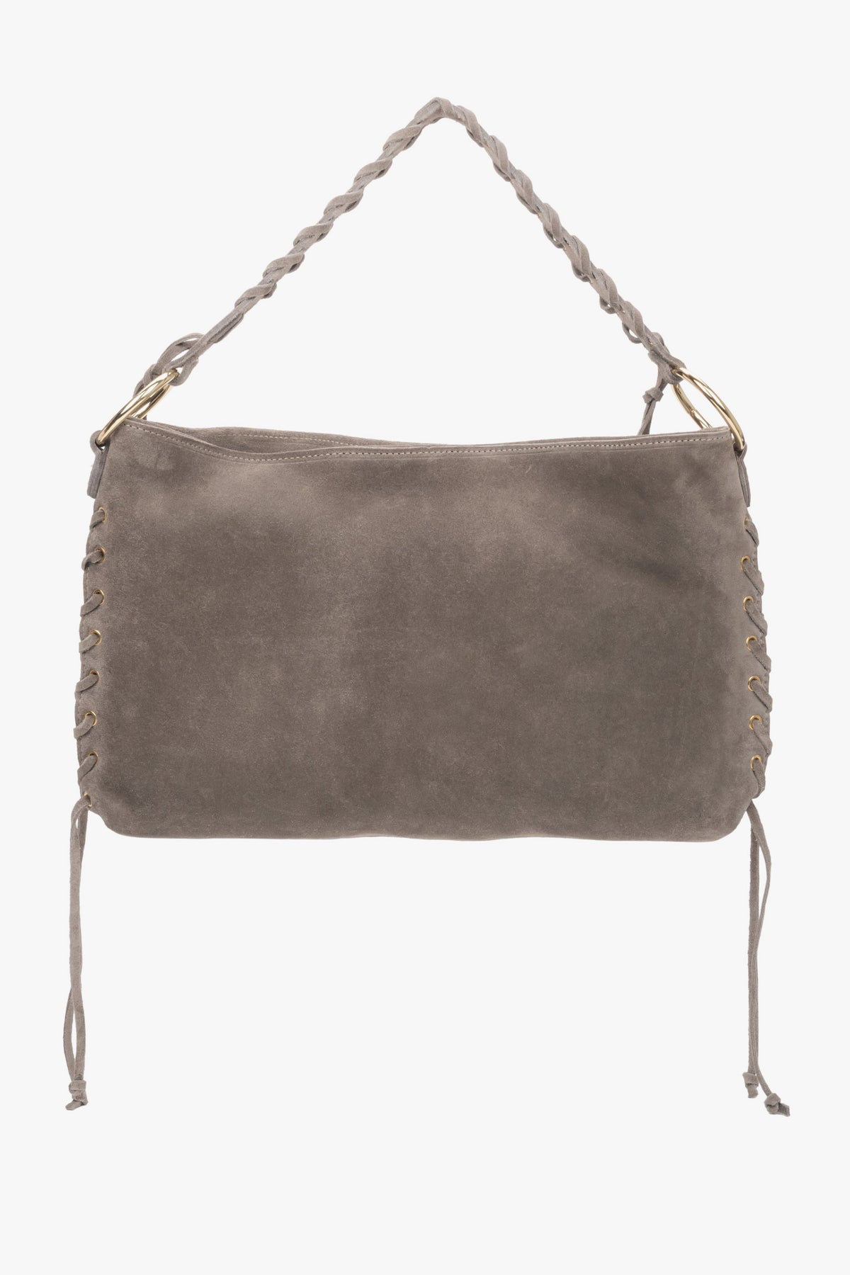 Flache Frontansicht der beigen Boho-Tasche mit dem angebrachten kurzen, glatten Lederriemen