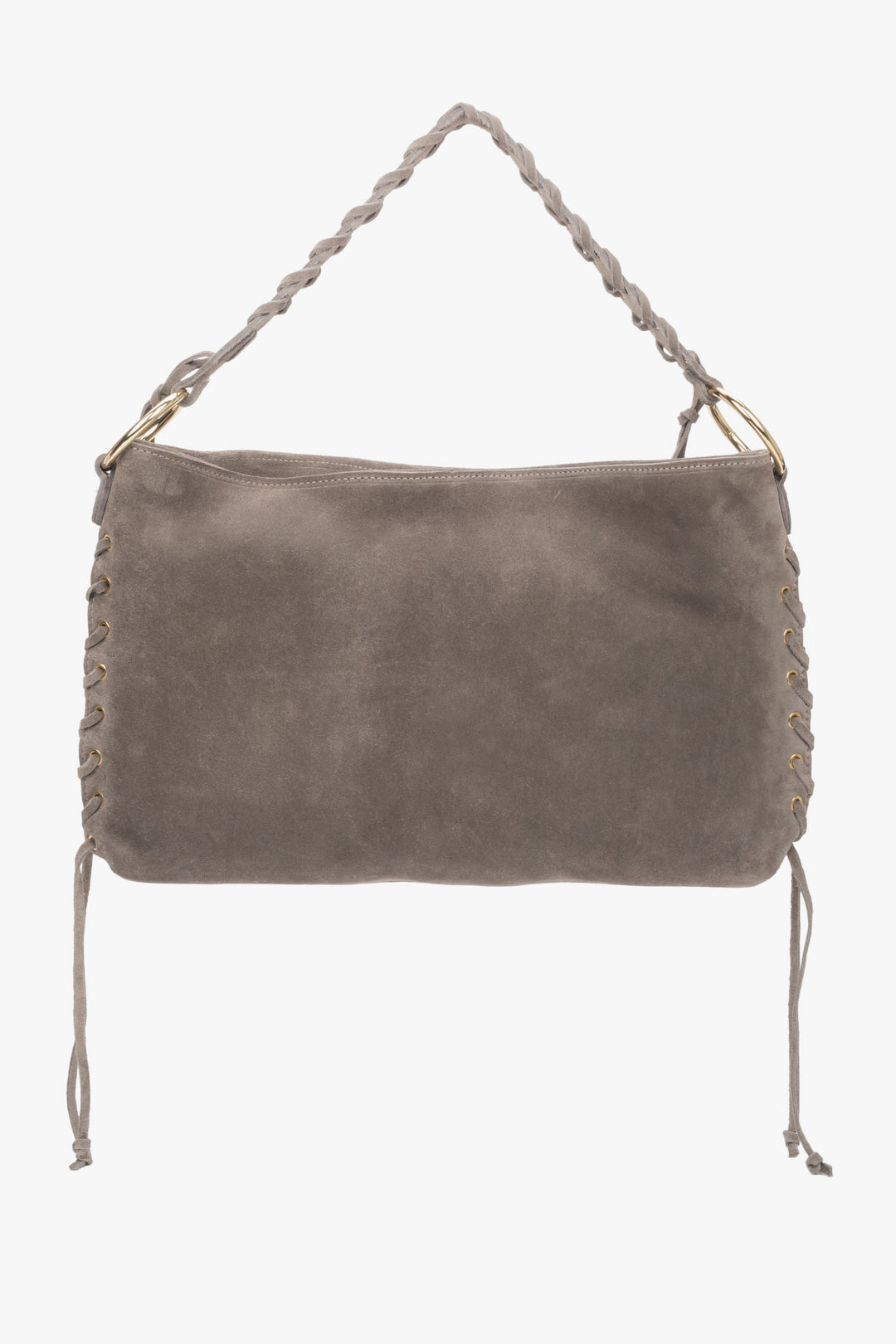 Flache Frontansicht der beigen Boho-Tasche mit dem angebrachten kurzen, glatten Lederriemen