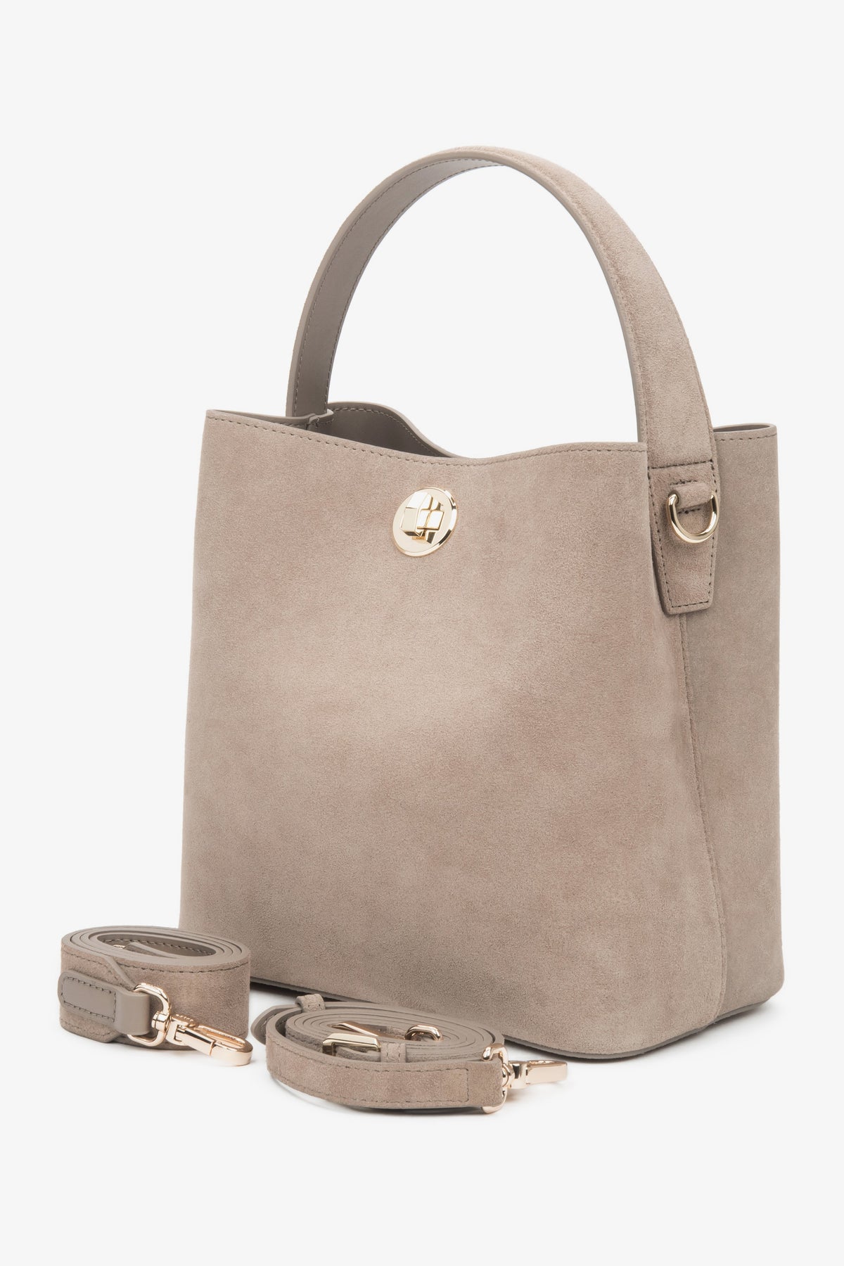 Seitenansicht der beige Damen-Schultertasche aus echtem Velours.