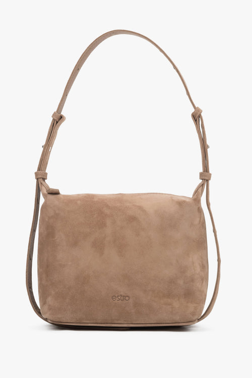 Beige Damen-Schultertasche aus Veloursleder in Vorderansicht