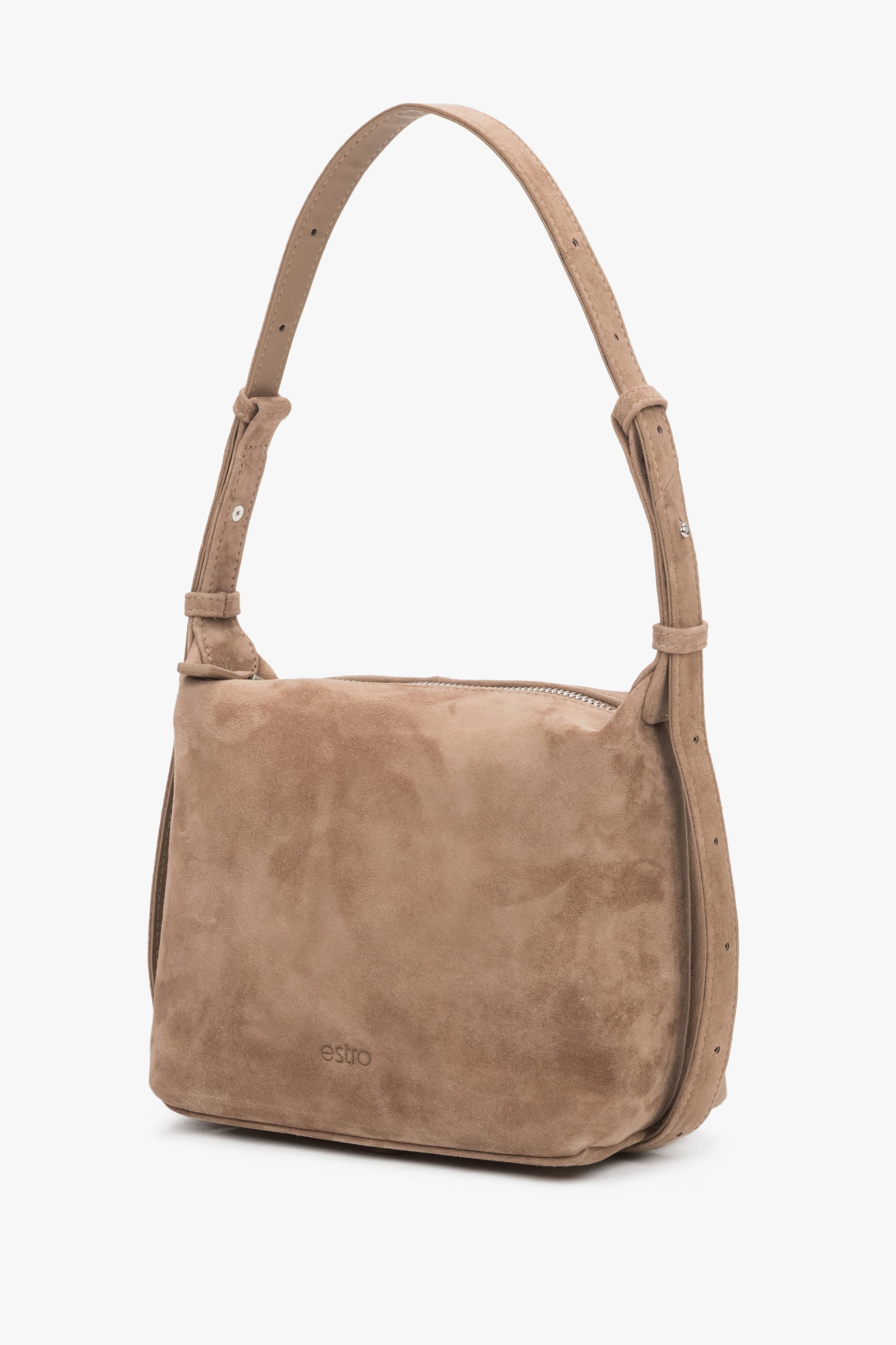 Beige Velours-Handtasche im Hobo-Stil schräge Ansicht