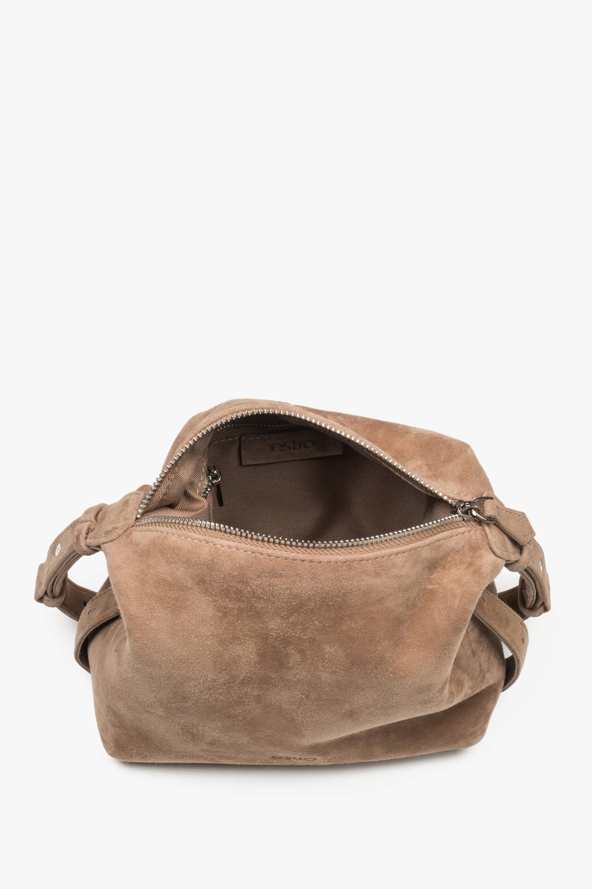 Innenansicht der beigen Handtasche aus weichem Velours mit Reißverschluss