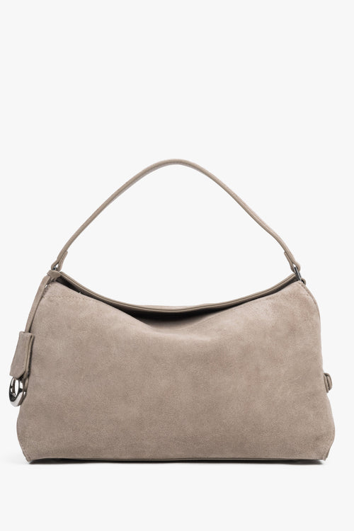 Beige Damen-Schultertasche aus echtem Velours in Vorderansicht mit kurzem Henkel