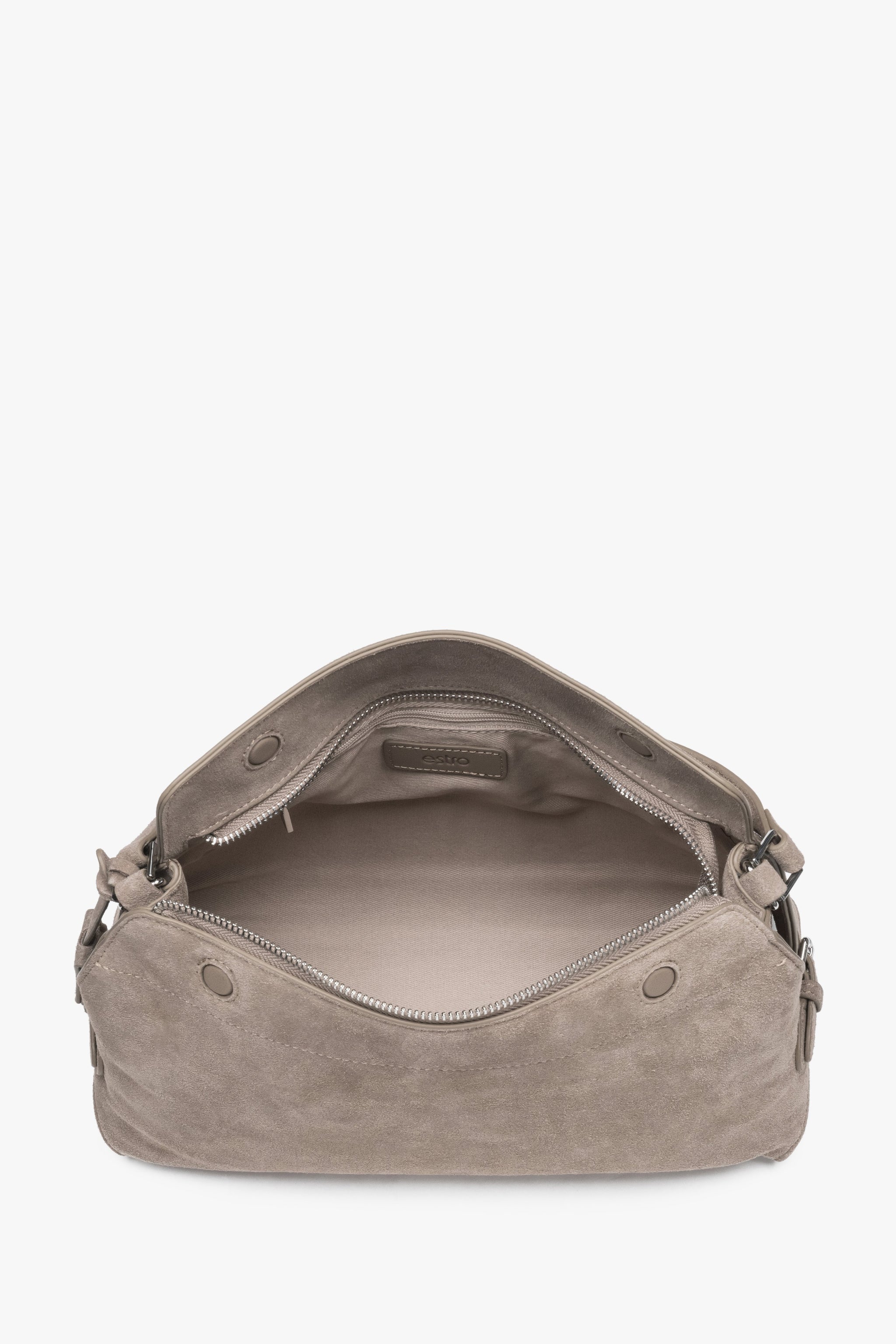 Beige Damen-Schultertasche aus Velours von oben mit Reißverschluss