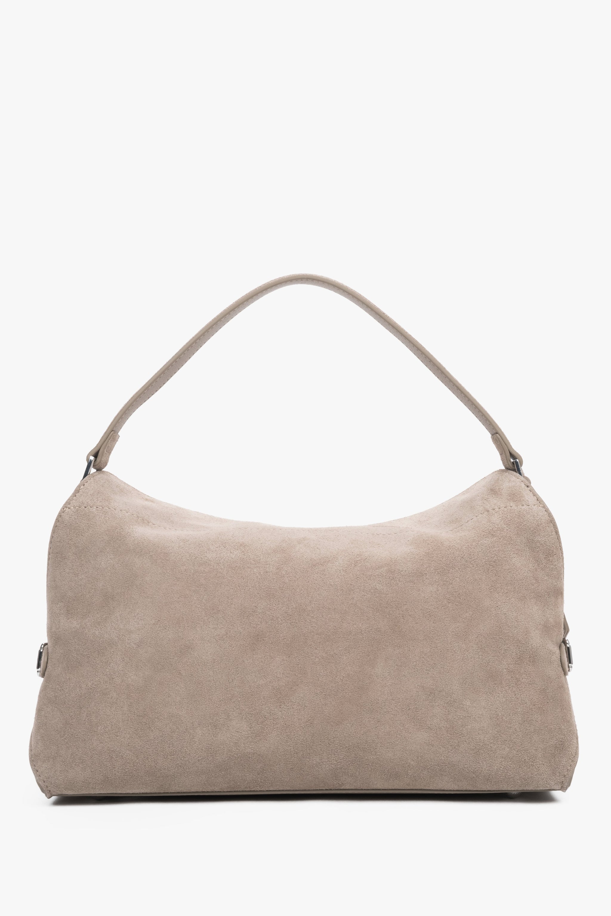 Beige Damen-Schultertasche aus Velours in Frontansicht mit Schulterriemen
