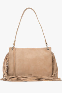 Beige Damen-Schultertasche aus Veloursleder mit langen Fransen Vorderansicht