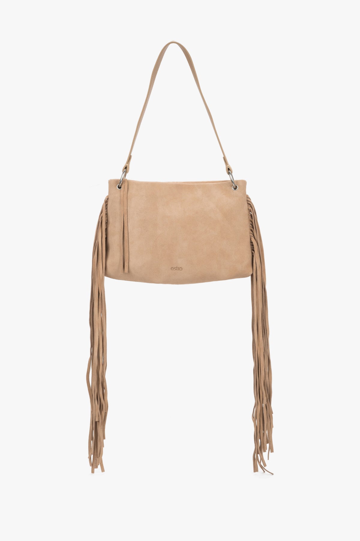 Seitenansicht der beigen Wildledertasche mit Fransen und Schultergurt