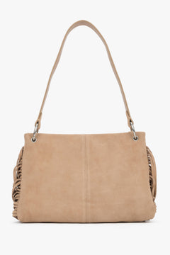 Rückansicht der beigen Damen-Schultertasche mit Fransen