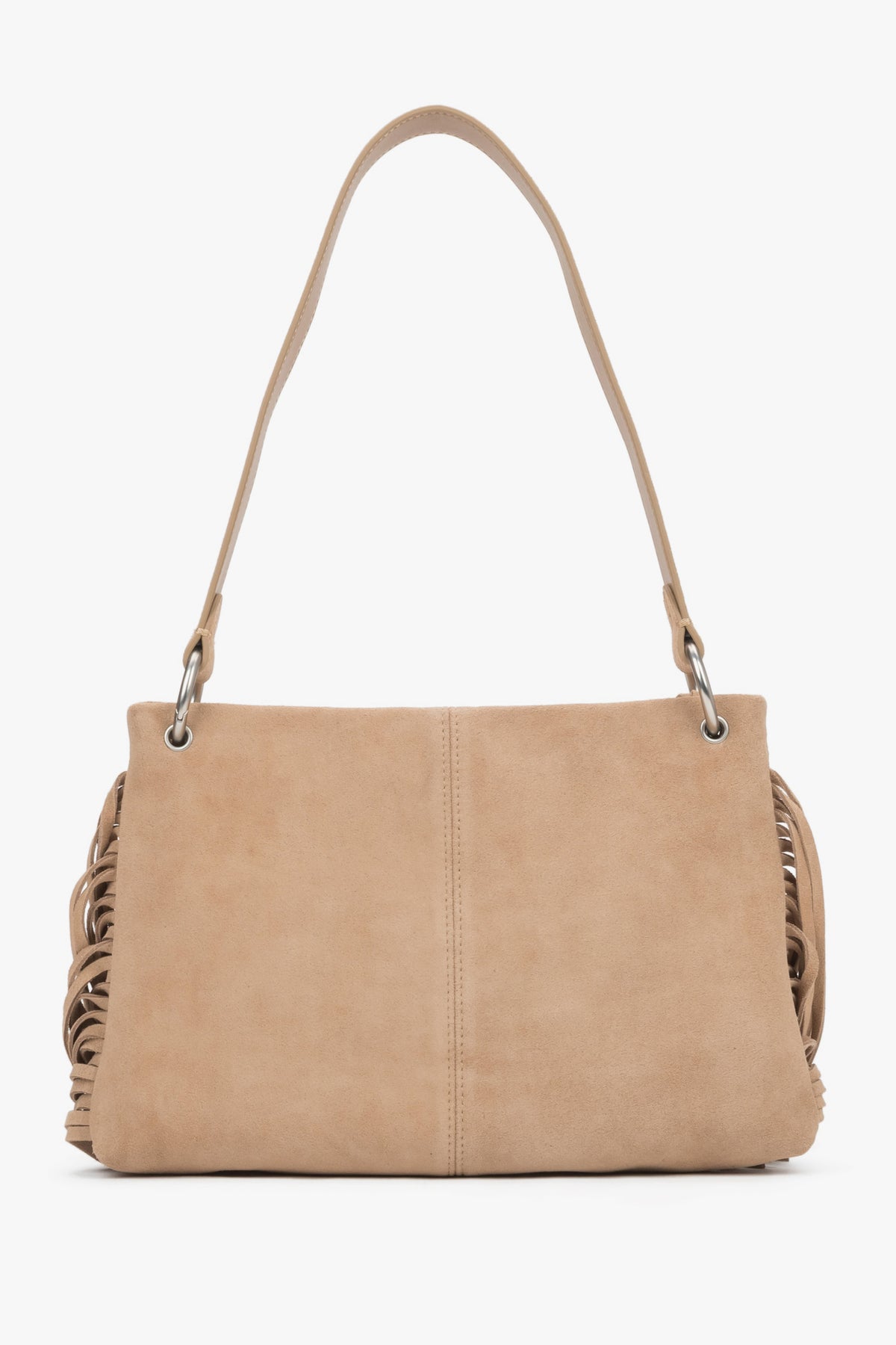 Rückansicht der beigen Damen-Schultertasche mit Fransen