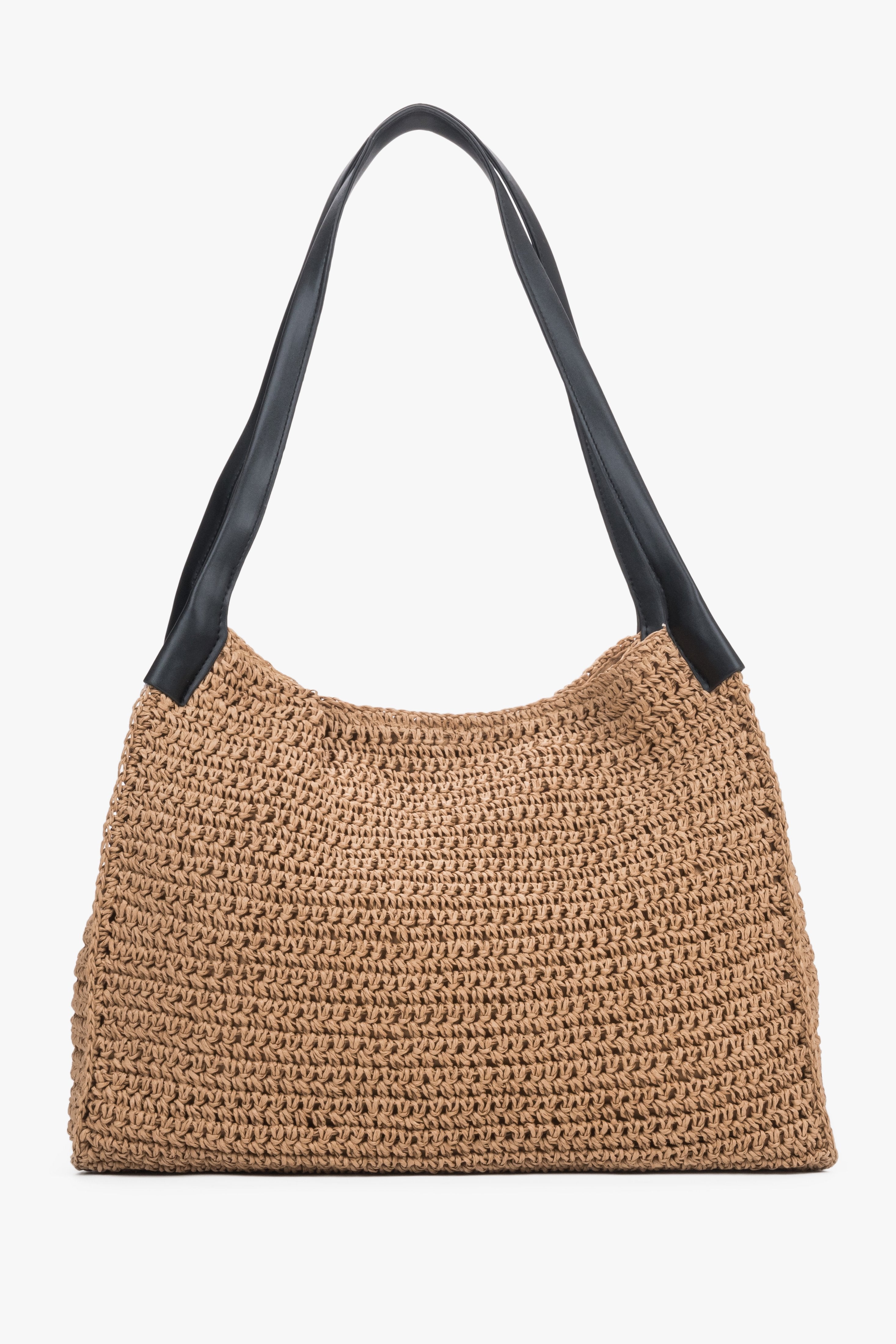 Beige Damen-Shopper-Tasche aus Stroh in Frontansicht mit natürlicher Flechtstruktur
