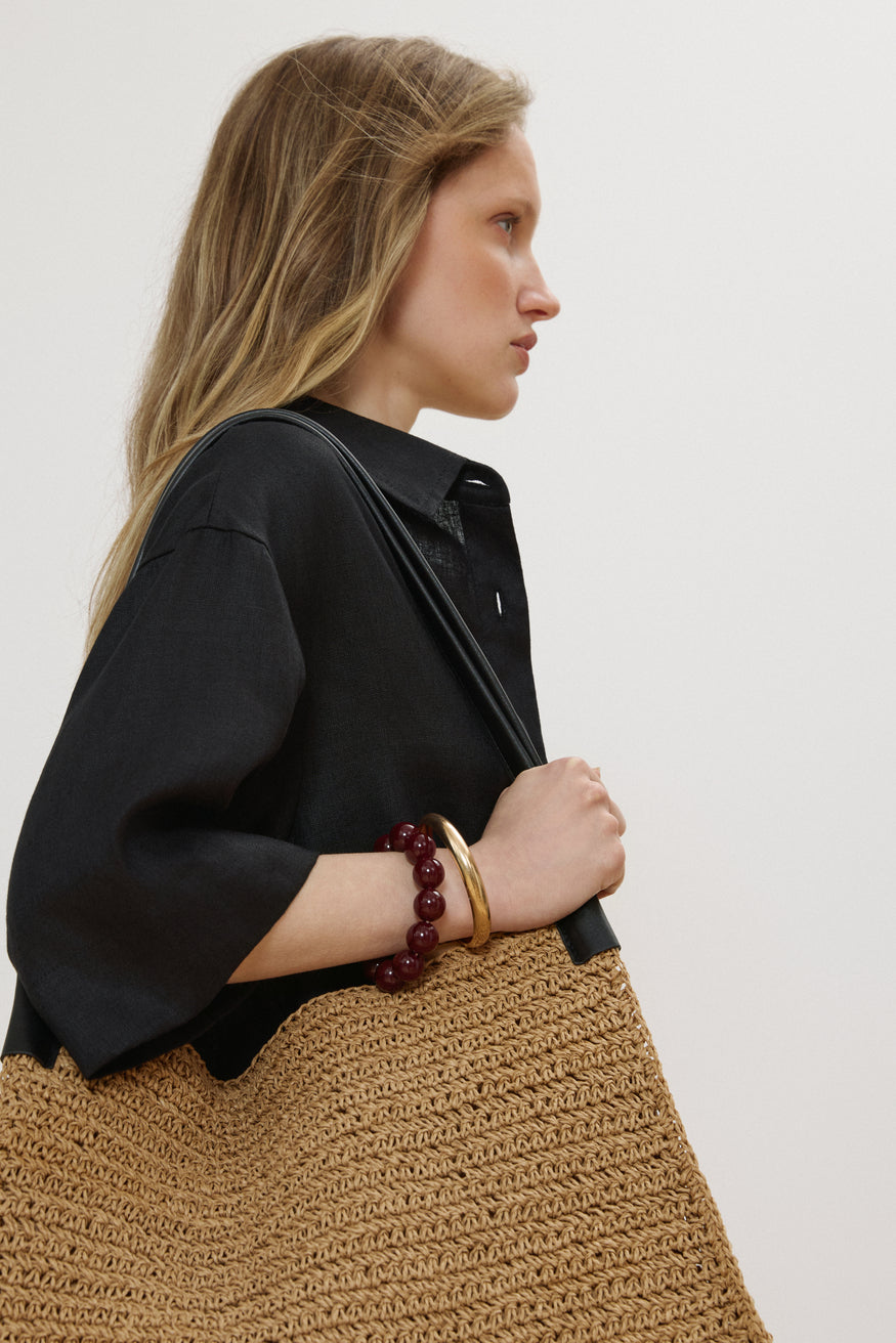 Beige Damen-Shopper-Tasche aus Stroh mit verstärkten Henkeln Estro ER00117861