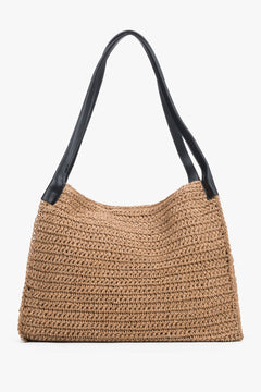 Beige Damen-Shopper-Tasche aus Stroh in Frontansicht mit verstärkten schwarzen Henkeln