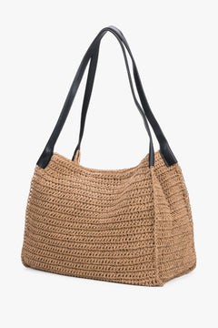 Beige Damen-Shopper-Tasche aus Stroh in schräger Frontansicht mit Schulterhenkeln