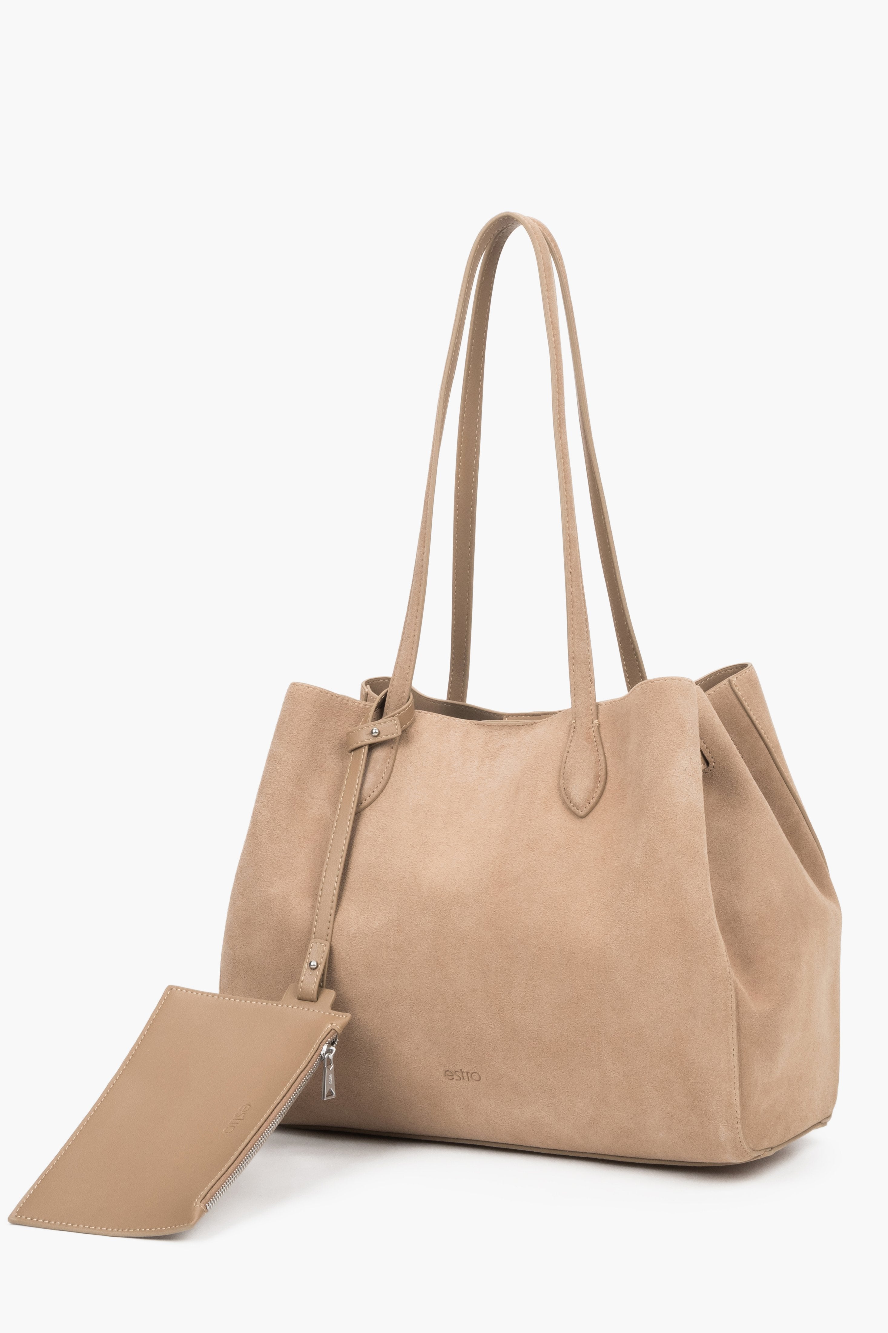 Seitenansicht der großen beigen Wildleder-Tote-Bag mit Henkeln