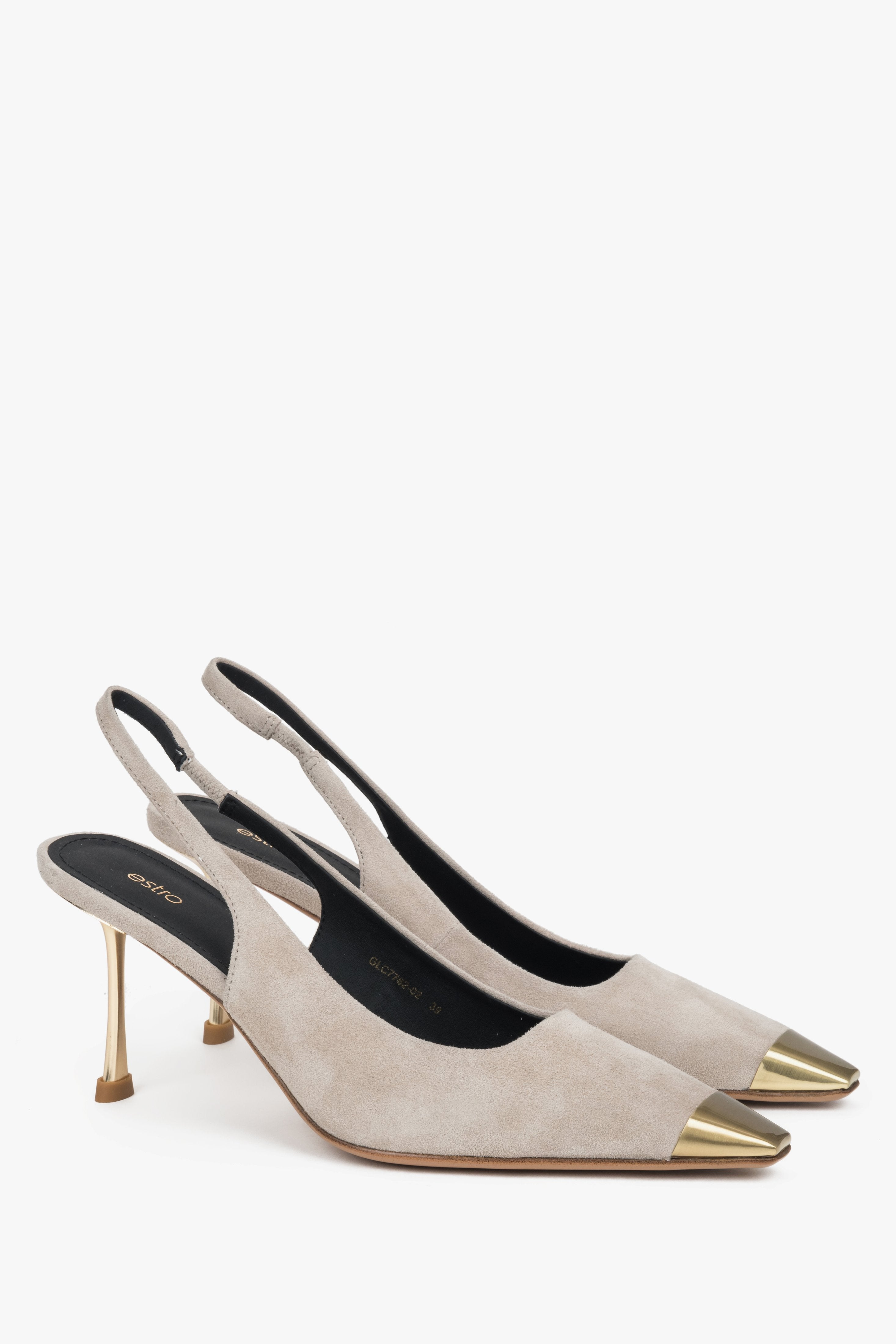 Beige Damen-Slingpumps aus echtem Velours in schräger Seitenansicht mit goldfarbener Spitze