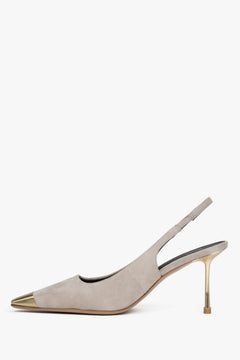 Beige Damen-Slingpumps aus echtem Velours in seitlicher Profilansicht mit Stilettoabsatz