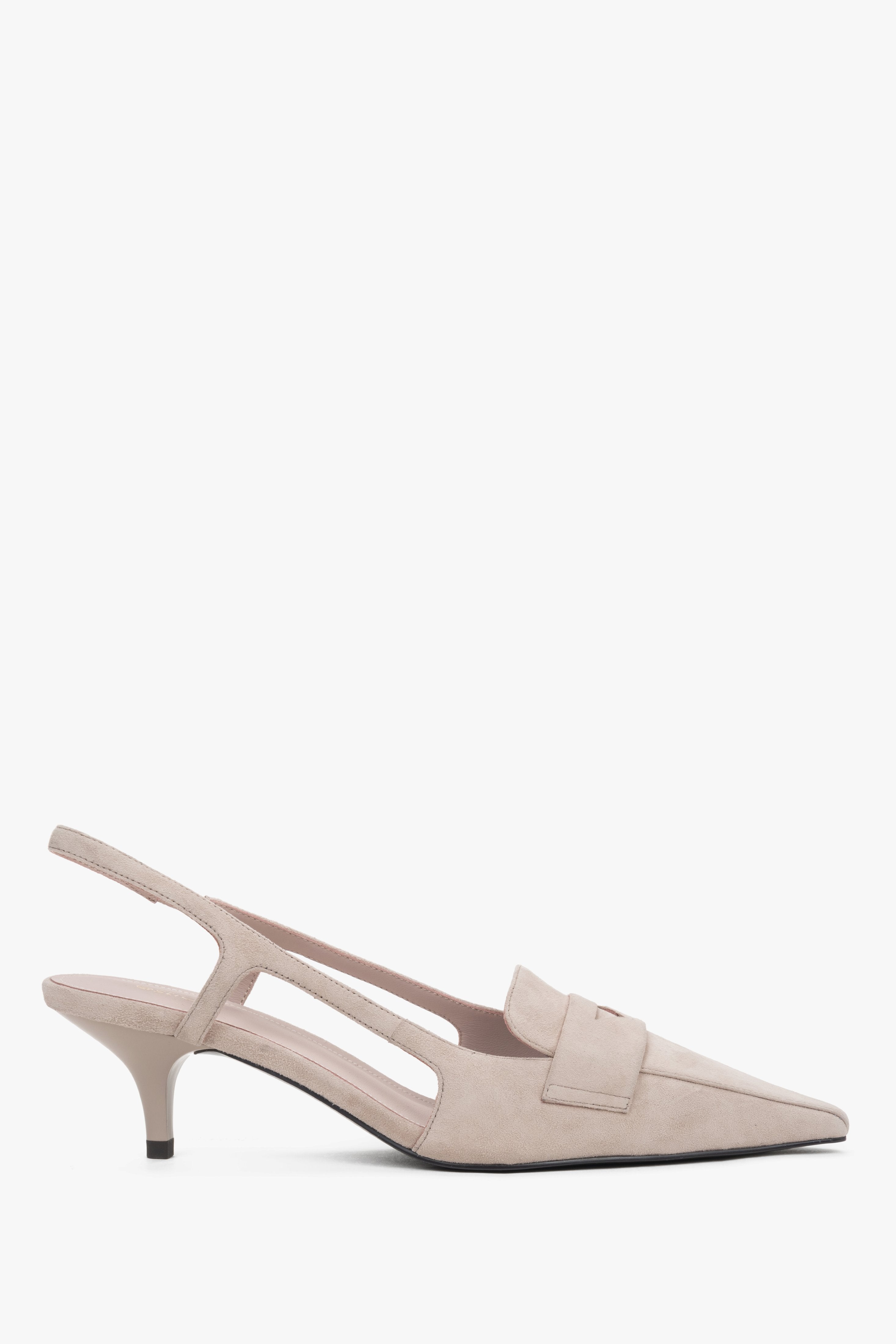 Beige Damen-Slingpumps aus echtem Velours in seitlicher Ansicht mit Stilettoabsatz