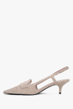 Beige Damen-Slingpumps aus echtem Velours in seitlicher Ansicht mit 6,5 cm Stilettoabsatz