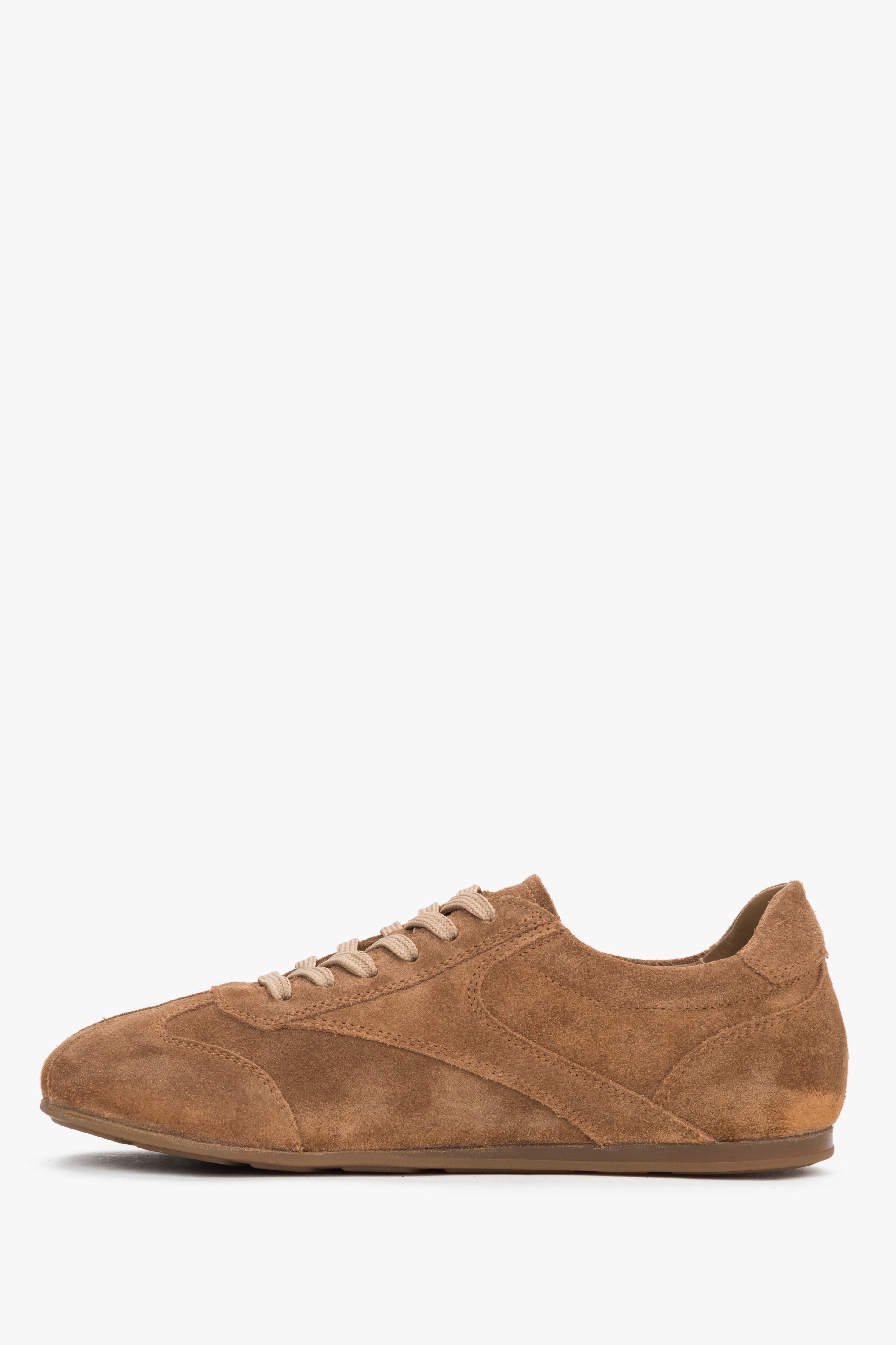 Linke Seitenansicht der beigen Damen-Sneaker mit Schnürung von Estro.