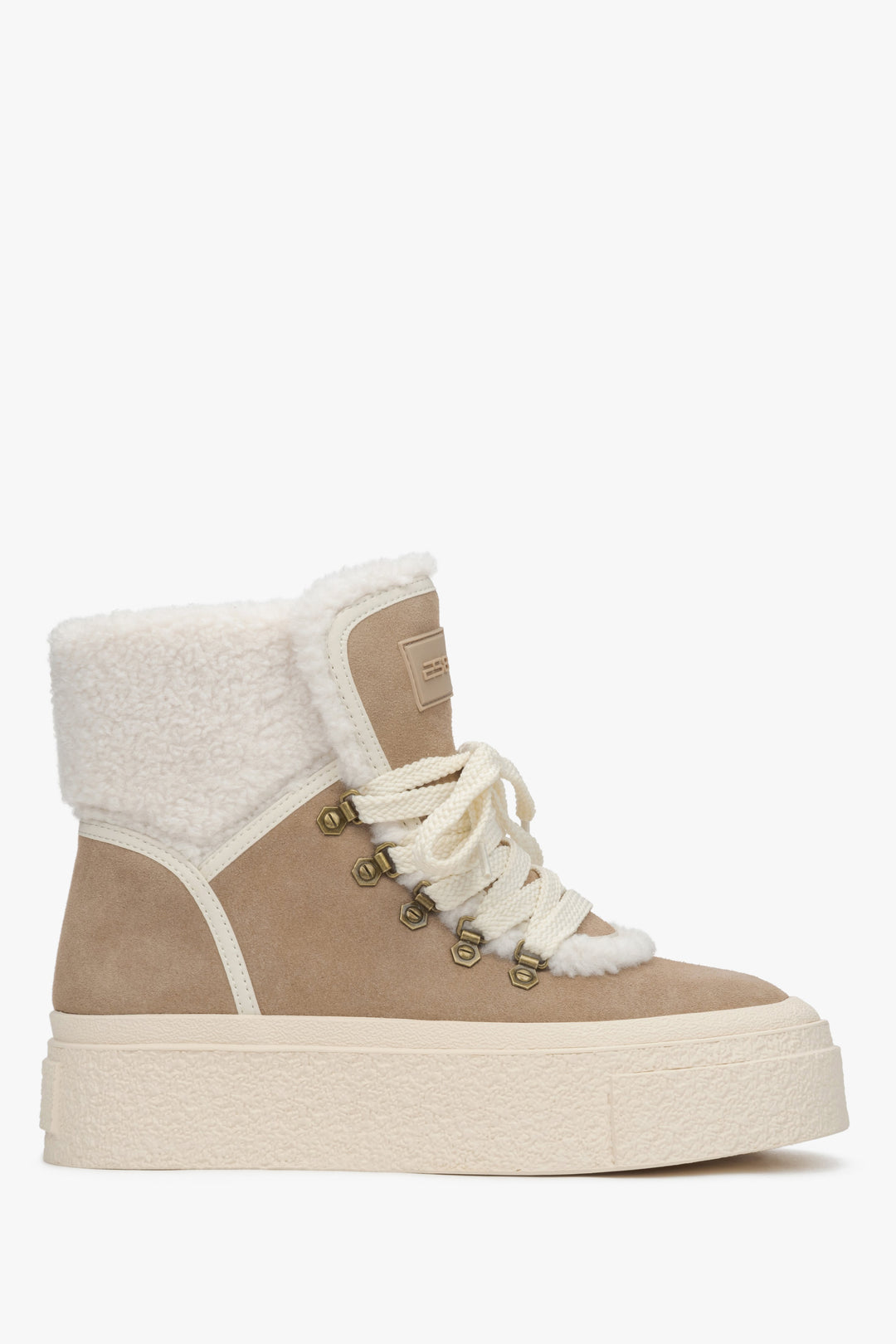 Damen-Winterstiefeletten in Beige mit natürlichem Fellfutter, ES8 – Seitenlinie des Schuhs.