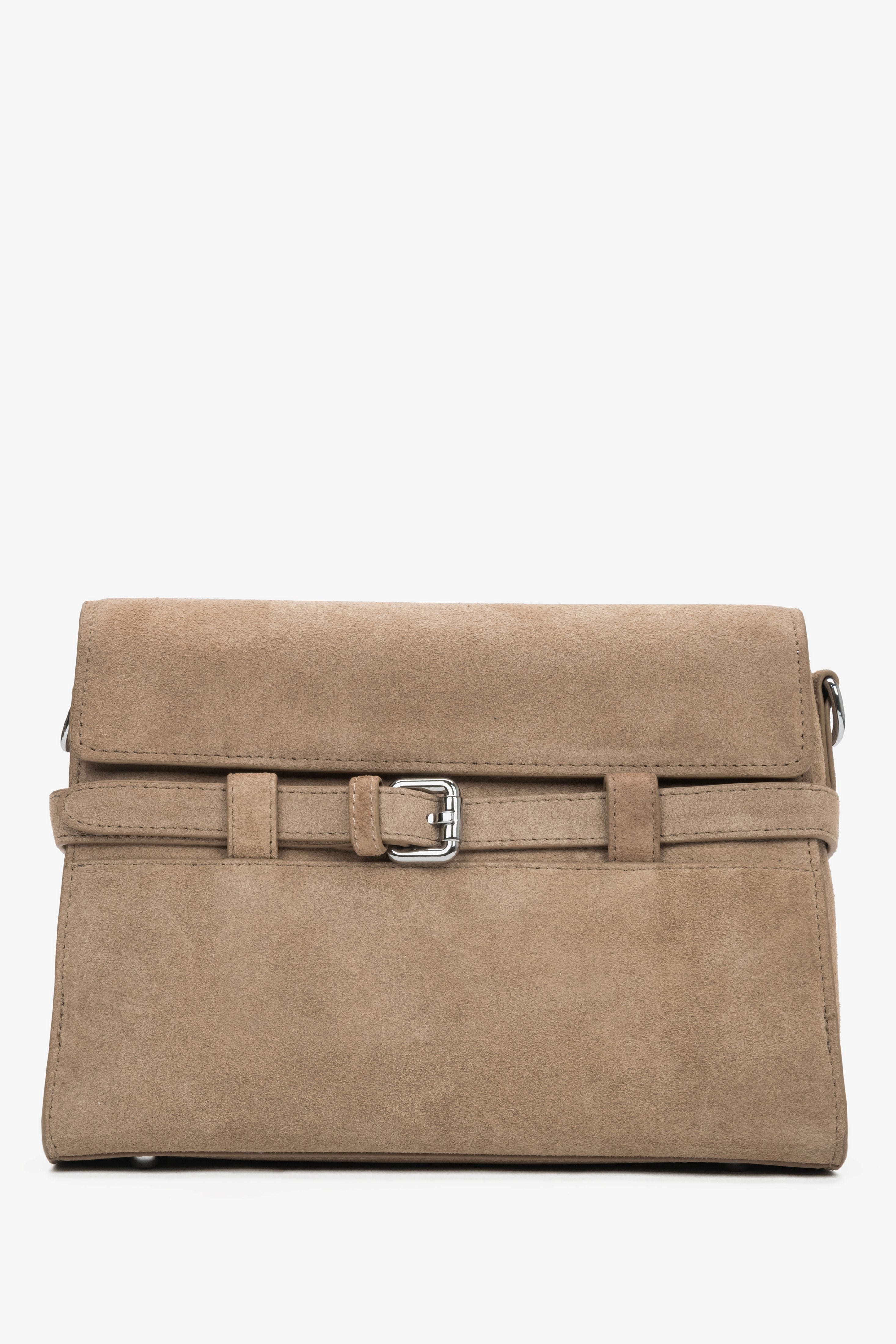 Beige kleine Damen-Schultertasche aus natürlichem Veloursleder mit dekorativer Schnalle in Frontalansicht