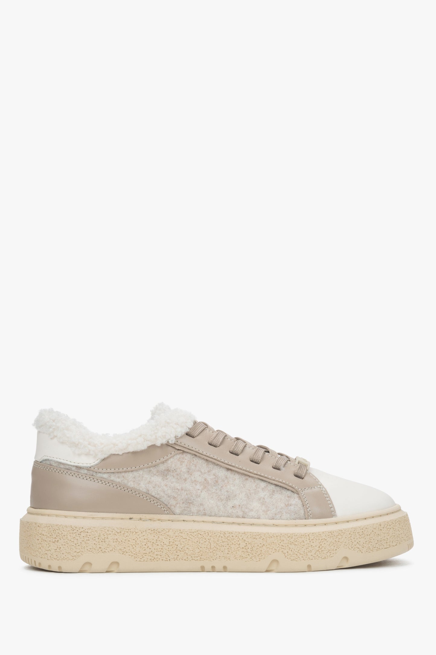 Beige Damen-Winter-Sneaker, gefertigt aus italienischem Leder und Veloursleder mit Warmfutter.
