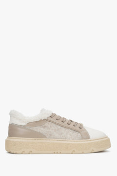 Beige Damen-Winter-Sneaker, gefertigt aus italienischem Leder und Veloursleder mit Warmfutter.