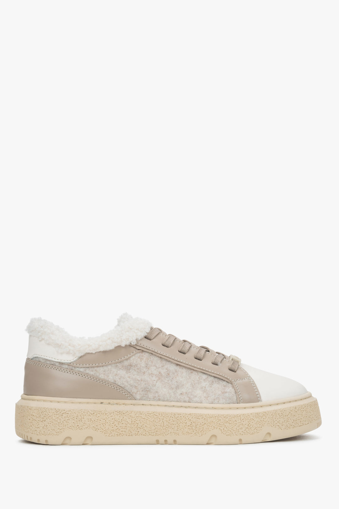 Beige Damen-Winter-Sneaker, gefertigt aus italienischem Leder und Veloursleder mit Warmfutter.