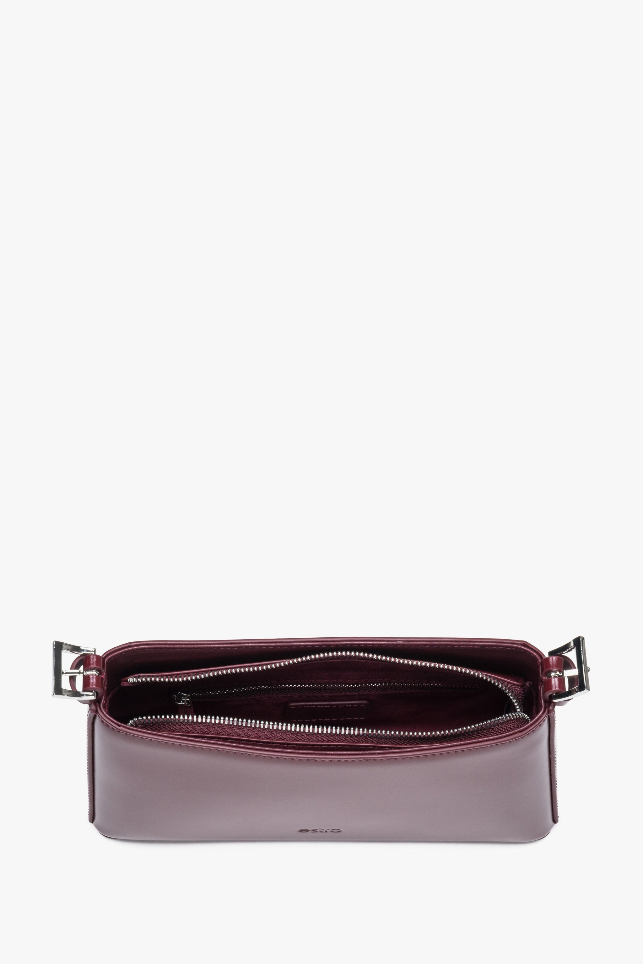 Bordeauxrote Damen-Schultertasche aus Leder von oben mit Reißverschluss