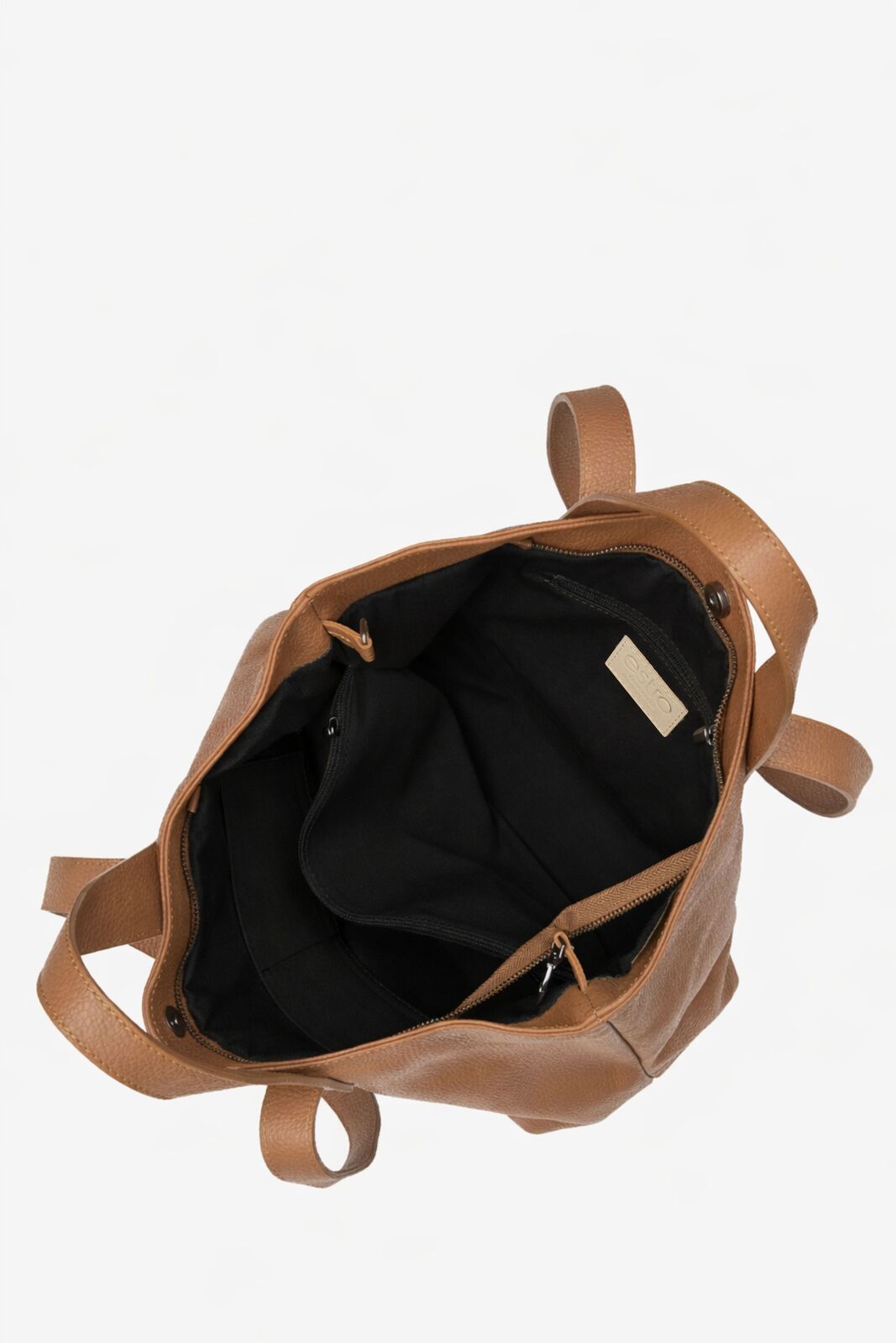 Innenansicht der geöffneten beigen Tasche mit Textilfutter.