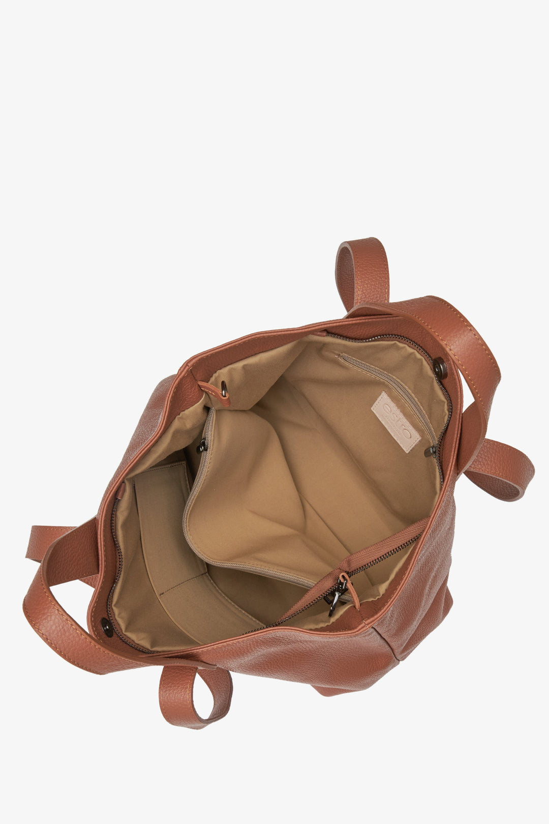 Damen Shopper-Tasche in Braun aus echtem Leder von Estro – Nahaufnahme des Innenraums des Modells.
