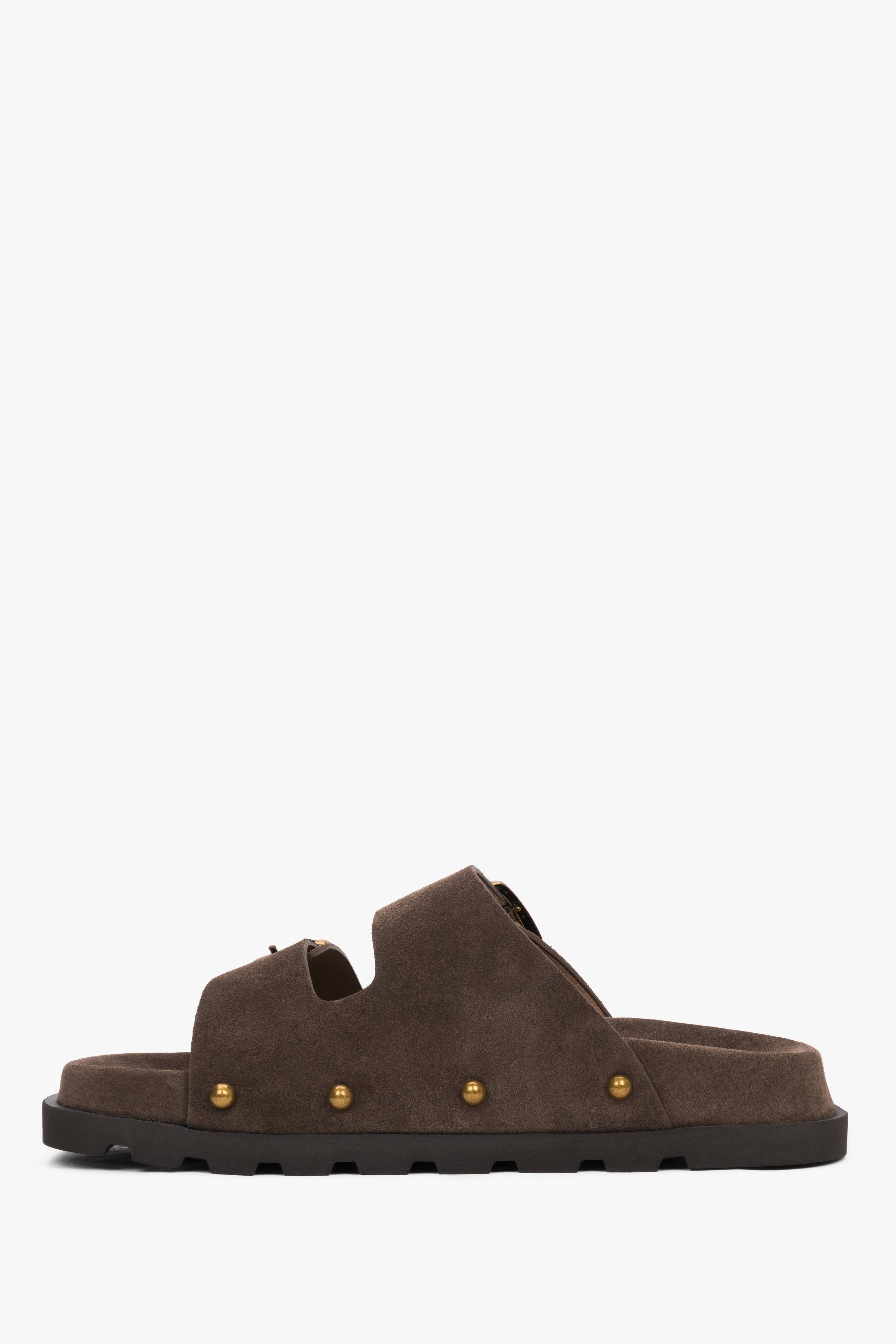 Braune Damen-Pantolette aus Veloursleder in seitlicher Profilansicht