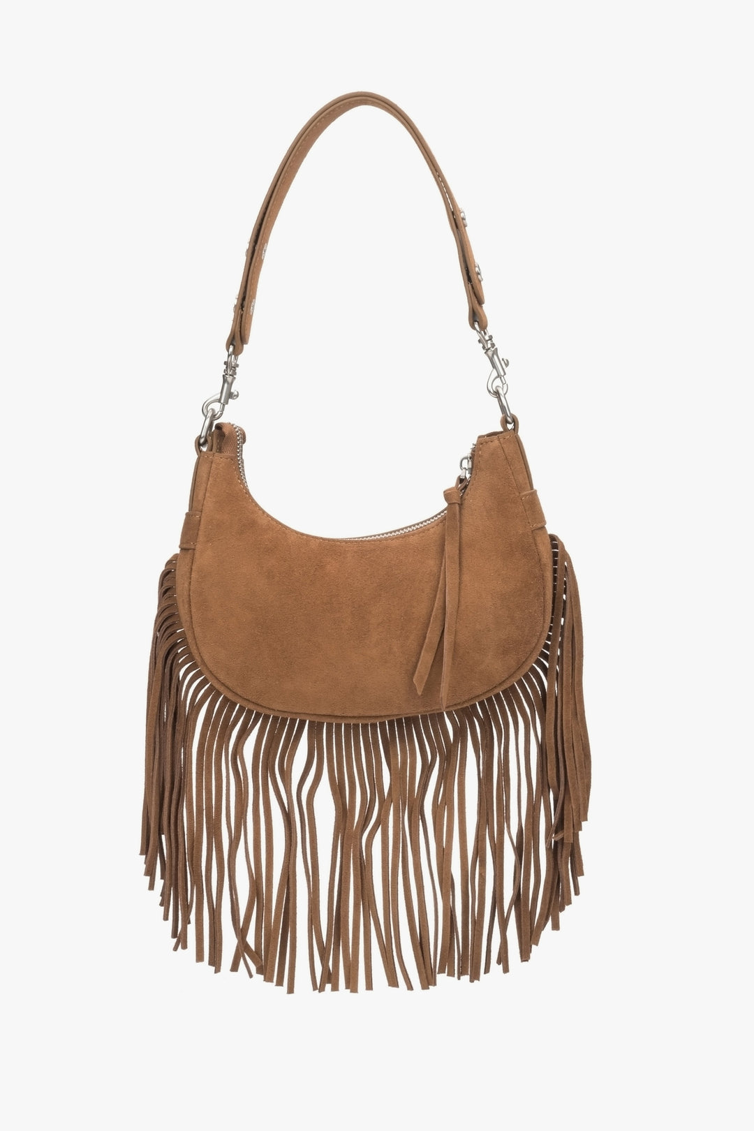 Braune Damen-Schultertasche aus echtem Velours mit Fransen Estro ER00116831.