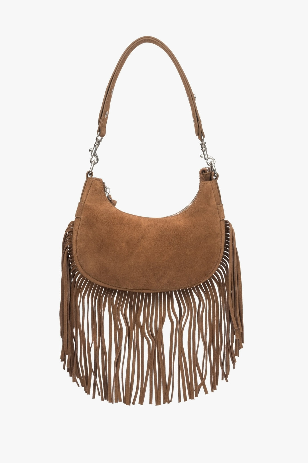 Braune Schultertasche für Damen aus Veloursleder mit Fransen.