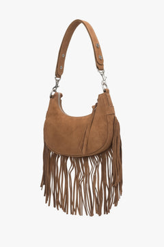 Handtasche aus echtem Veloursleder in Braun mit Fransen.