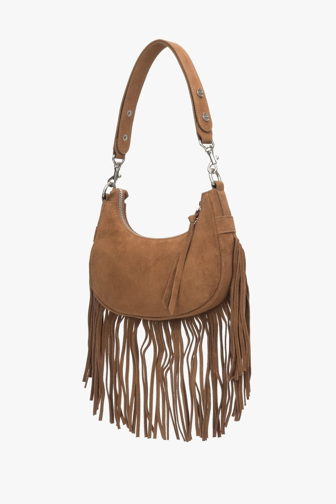 Handtasche aus echtem Veloursleder in Braun mit Fransen.