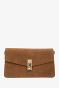 Braune Damen-Schultertasche aus Velours mit goldfarbenen Details Vorderansicht.