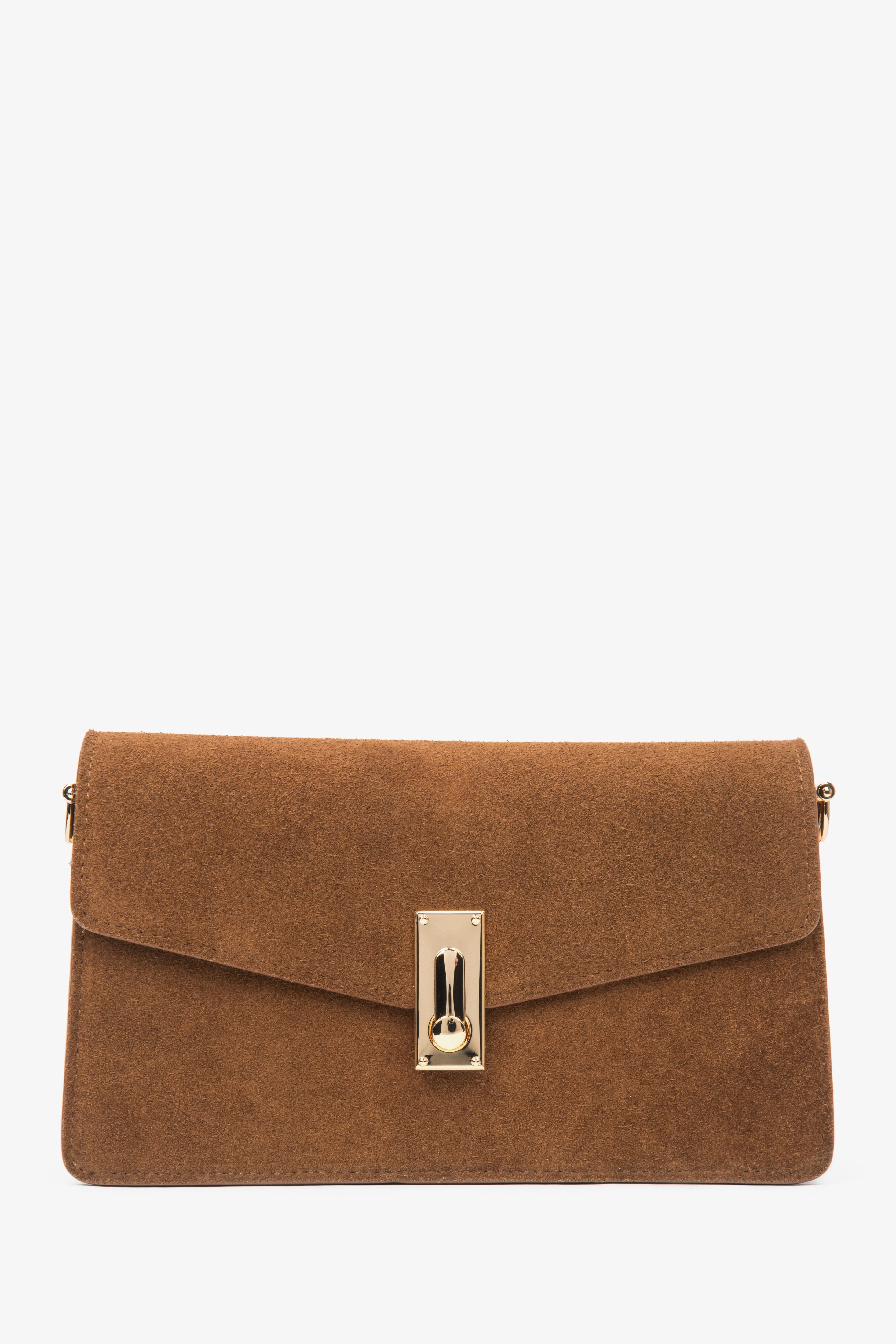 Braune Damen-Schultertasche aus Velours mit goldfarbenen Details Vorderansicht.