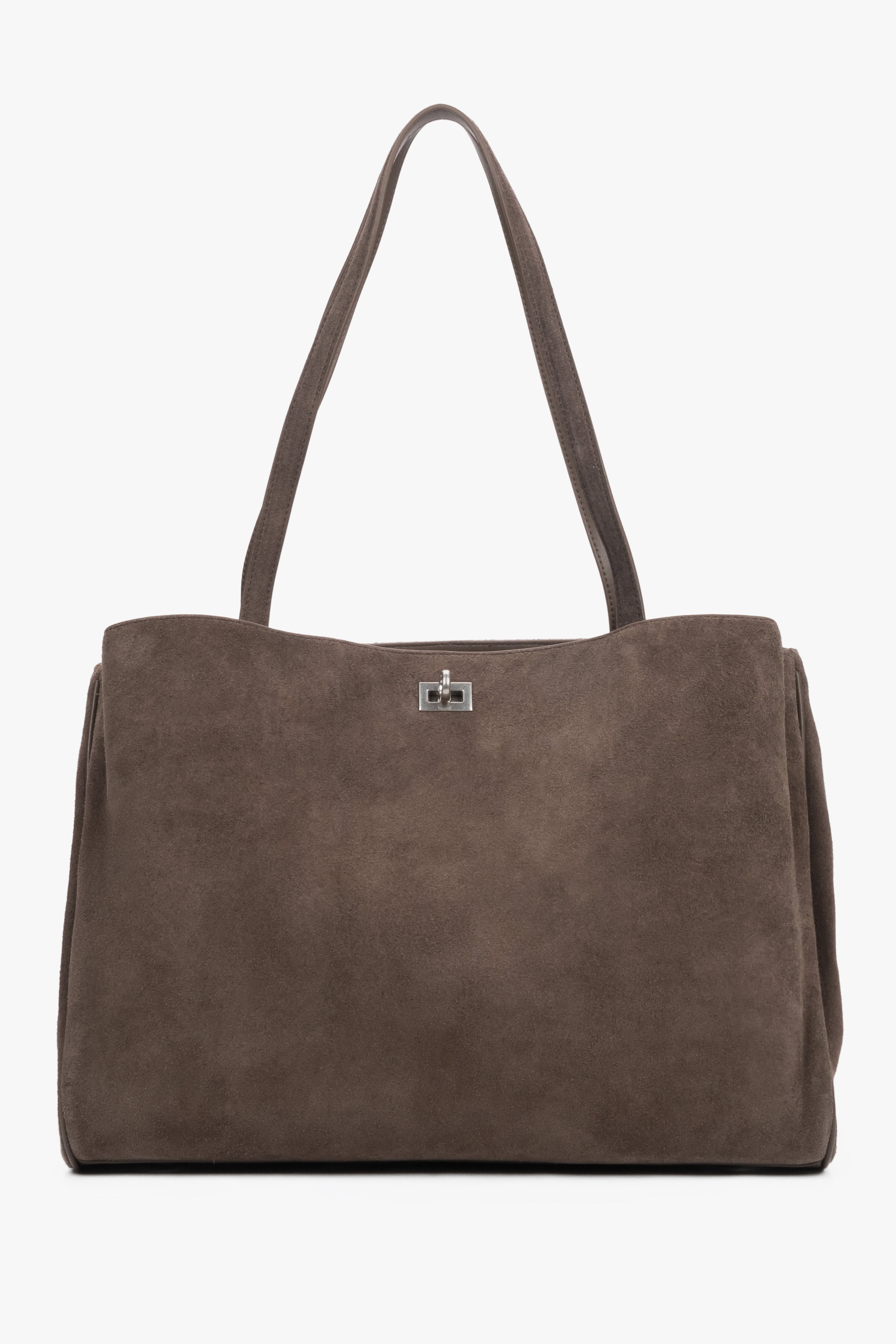 Braune Damen-Shopper-Tasche aus natürlichem Veloursleder in Frontalansicht