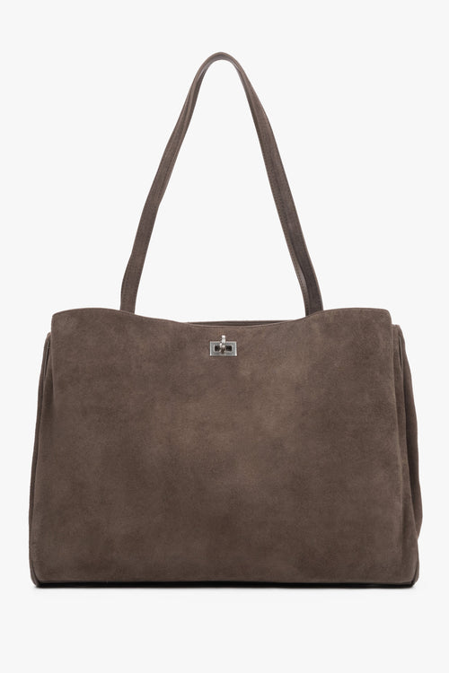Braune Damen-Shopper-Tasche aus natürlichem Veloursleder in Frontalansicht